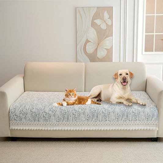HANDONTIME Floral Chenille Sofa Cover, White Plush Fringed Dog Couch Cover, Jacquard Dog Mat for Couch Sofa, Washable & Anti-Slip Pet-Friendly Furniture Protector for Sectionals (Blue,35.4" x 63")