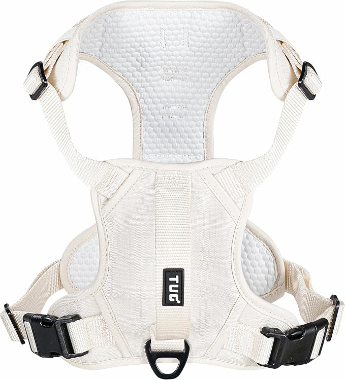 TUG No-Pull Dog Harness, 2 Leash Clips + Padded Handle (Medium, Cream) | Water-Resistant Padded Interior | No-Pull Front Clip | Padded Back Handle | Adjustable Straps