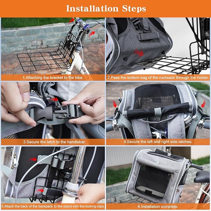 Xixter Dog Basket for Bike, Suitable for Small & Medium Pet Up to 10 kg, Foldable 4-in-1 Pet Bike Basket, Crossbody, Shoulder and Car Seat, with Sturdy Bracket and 4 Mesh Windows, Gray