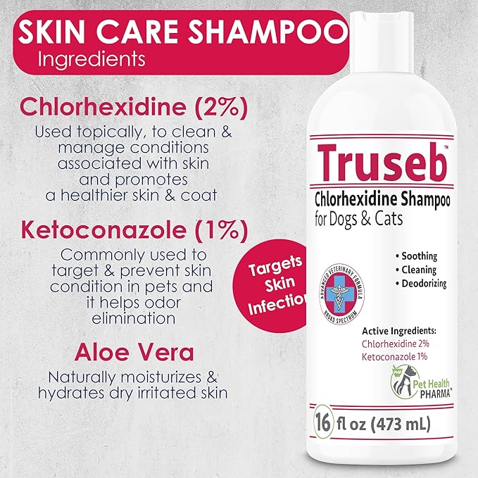 Truseb Chlorhexidine Shampoo for Dogs Cats & Horses with Aloe Vera - Medicated Antibacterial Antifungal Ketoconazole Dog Shampoo and Conditioner -Skin Irritation, Hot Spots, Redness Relief (16 oz)