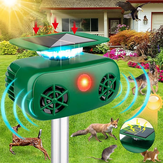 Ultrasonic Animal Repeller Outdoor,Cat Repellent Outdoor,Deer Repellent Devices with Motion Sensor & Flashing Light,Solar Powered Ultrasonic Dog Repeller for Repelling Cats,Deer,Squirrels,Raccoons