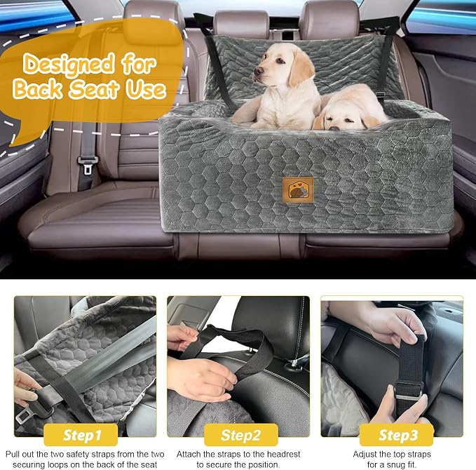 Dog Car Seat for Medium/Large Dog Booster Seat Under 60 lbs or 2 Small Dogs, Multi-Functional Pet Car Seat with Thick Cushion, 2 Safety Leashes (Gray)
