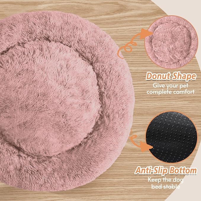 JOLLYVOGUE Calming Dog Beds Large Sized Dog, 36in Donut Washable Large Pet Bed, Anti-Slip & Anti-Anxiety Fluffy Faux Fur Round Dogs Bed, Fits up to 80 lbs Pets (Dark Pink)