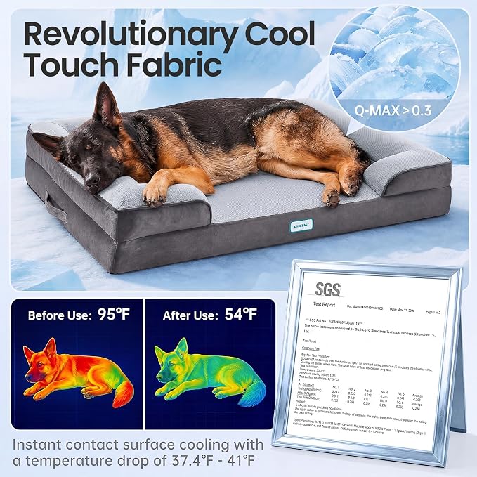 OhGeni Orthopedic Cooling Dog Bed Couch, Memory Foam, 44-inch (Cool Gray) | Cooling Big Pet Sofa for Extra Large Sized Pets with Machine-Washable Waterproof Removable Cover & Soft Comfortable Fabric