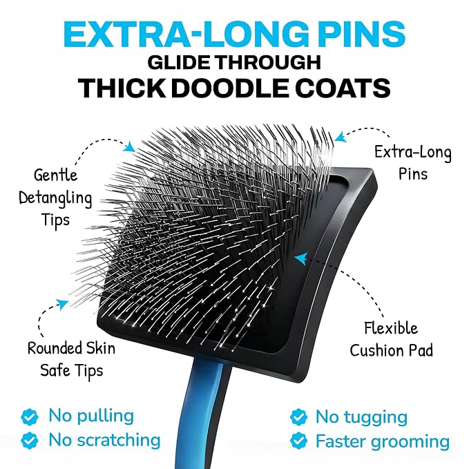 The Doodle Brush Dog Grooming Kit Slicker Brush, Dog Comb Set, Detangler | Extra Long Pins Brushes, Removes Mats, Curly Coats, Stainless Steel Combs, Ergonomic Handle, Gentle Care, Dematting Tools