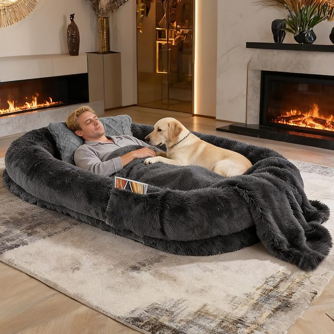 Dark Grey Human Dog Bed - 71''x45''x12'' Size Fits You and Pets | Washable Faux Fur Pet Bed for People Doze Off, Napping Orthopedic Dog Bed, Present Plump Pillow, Blanket, Strap