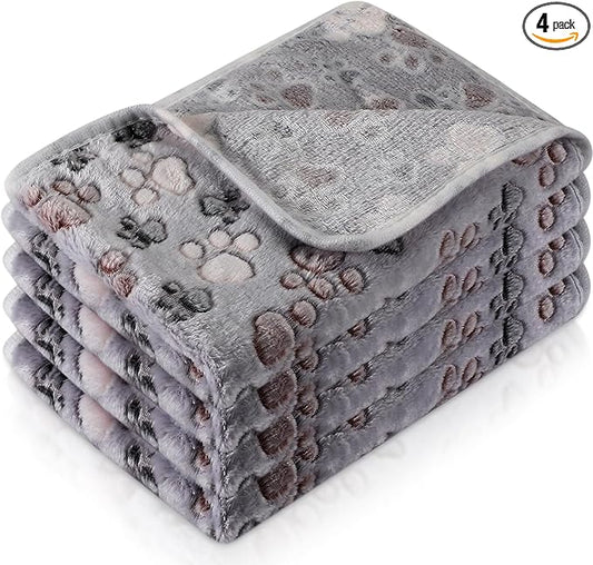 Tatuo 4 Pack Fleece Dog Blankets for Puppy Cats Multi-Size Sleep Mat for Pet Guinea Pig Soft Washable Warm Crate Bed Puppy Teething Toys Print Pattern Blanket Indoor(Gray,41 x 30 Inch,Paw)