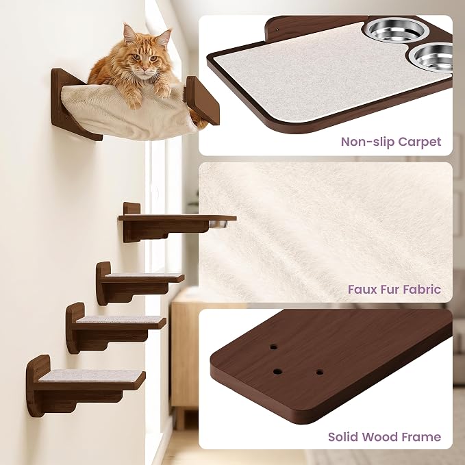 Cat Wall Shelves - Wall Mounted Cat Shelves with Feeding Station | Walnut Finish, Solid Pinewood, Beige Carpet, Supports Up to 33 lbs, Stainless Bowls, Dog-proof, Lounging, Climbing