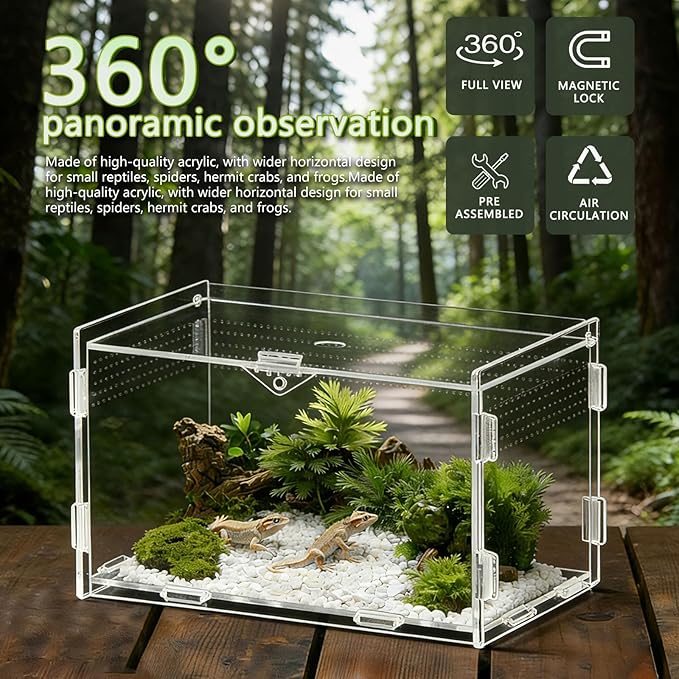 Acrylic Jumping Spider Enclosure, Small Reptile Insect Terrarium, Spider Tank with Magnetic Door & All-Side Vent, Pre-Assembled Habitat for Spiderling, Mantis, Tarantula, Snail 4.7" * 4.7" * 7.8"