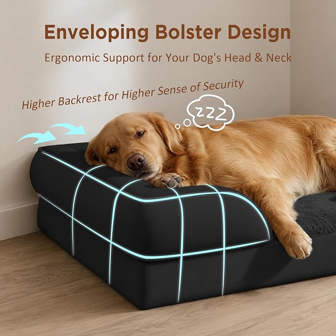 Comfort Expression Waterproof Orthopedic Dog Beds for Extra Large Dog | Supportive Egg Crate Foam Big Dog Bed with Removable Bolster, Dog Couch with Washable Cover & Non-Slip Bottom, 53x42Inch