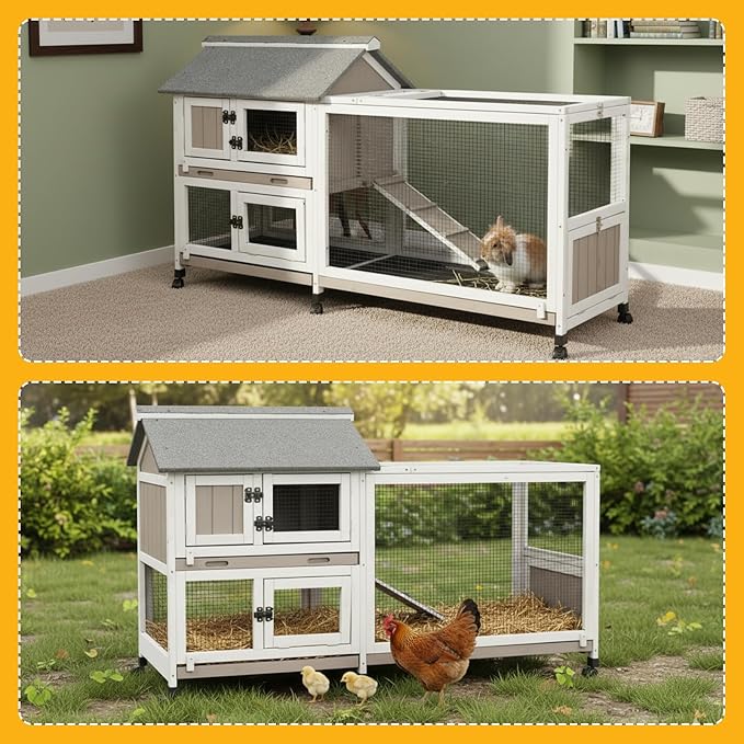 PetsCosset Rabbit Hutch Outdoor Bunny Hutch 2-Story Wooden Indoor Rabbit Cage with Run, 6 Wheels, Waterproof 3 Leak Proof Trays, Ramp, Weatherproof Asphalt Roof for Animals Pets, Expandable Design