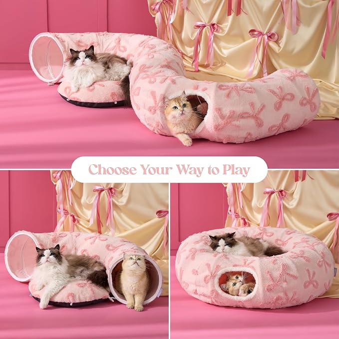 Lesure Donut Cute Jacquard Cat Tunnel Bed Kitten Toys for Puppy Bunny | 33.5x33.5x10in,Round Cat Bed Tube for Indoor Cats Rabbit Dog,Pet Peekaboo Cave Toy,Spiral Hideaway,Washable Cushion,Pink