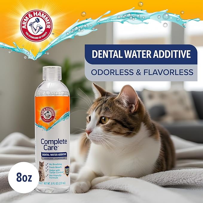 Arm & Hammer Complete Care Dental Water Additive for Cats, Cat Breath Freshener and Tartar Control, No Brushing Required, Odorless and Flavorless Cat Formula, 8 Fl Oz - 6 Pack