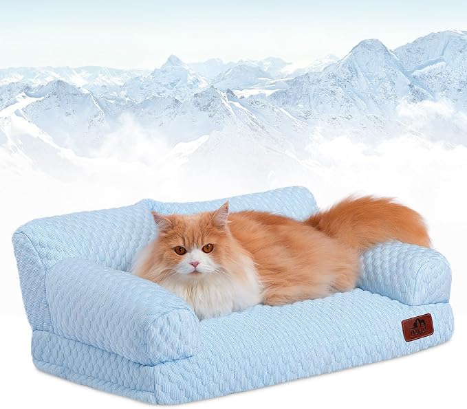 Hollypet Cooling Dog Couch Bed, Washable Pet Sofa, Blue, 24x18 | Cooling ice-silk pet bed with machine washable removable cover, non-slip bottom, for cats small dogs up to 25 lbs