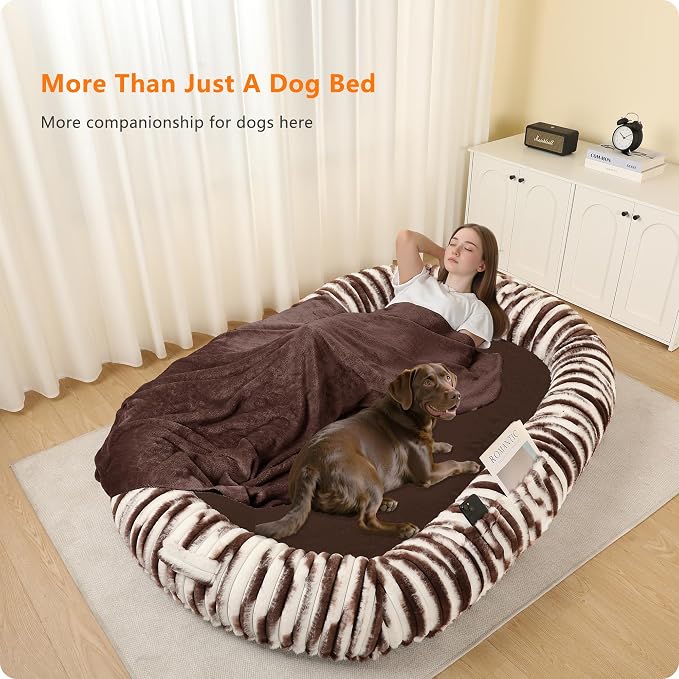 Human Dog Bed for Adult, Orthopedic Gel Memory Foam, 71"x47"x9" | Human Dog Bed Fits Adult & Pets, Reversible Egg-Crate Foam Cushion, Washable Pet Bed with Blanket, Tie-dye Brown