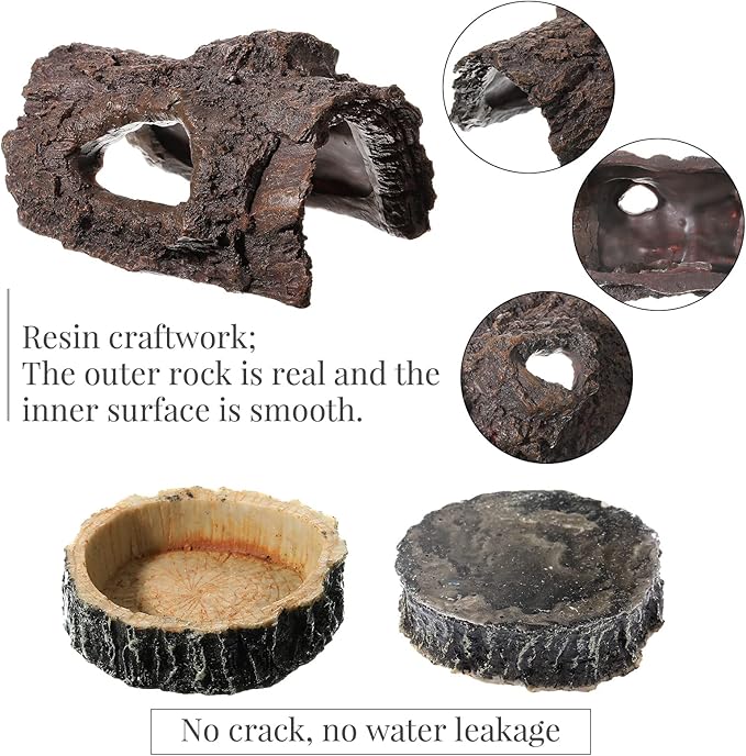 Reptile Hide & Food Bowls - Lizard Resin Hollow Tree Trunk Hideout, Bearded Dragon Tank Accessories - Water Dish Habitat Tank Decoration for Lizards, Snake, Gecko - 3 Pcs (Brown Rock)