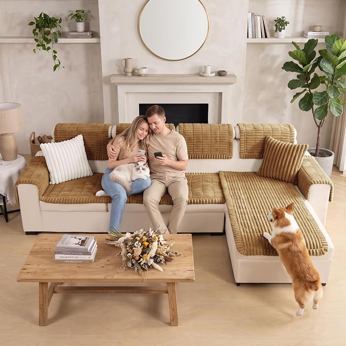 FUANGUI 2 Pack Waterproof Couch Cover for Dogs Pets Sofa Protector | Non-Slip Washable Fuzzy Soft Sofa Slipcover for 2 PCS L Shaped Sofa Pet Friendly, 27.6" x 59.1"+27.6" x 70.9", Camel