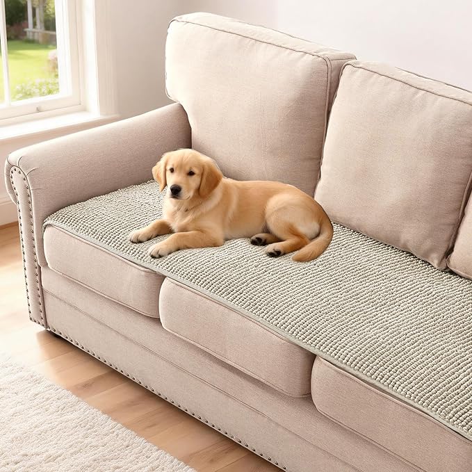 H.VERSAILTEX Plush Chenille Couch Cover for 3 Cushion Couch Anti Slip Washable Sofa Slipcovers Soft and Durable Furniture Protector for Dogs Cats Kids (27.5" x 71", Oatmeal)