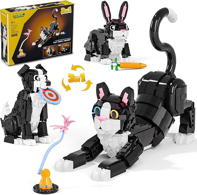 3-in-1 Tuxedo Cat Building Set, Build a Cat, Dog or Rabbit | Build & Rebuild 3 Cute Animal Designs from One Set, Building Toy for Cat Lovers and Animal Fans, Birthday Gift Ages 8+