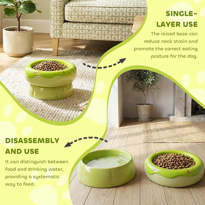 Donut Duo Ceramic Dog Bowl, Dog Water Bowl and Dog Food Bowl, Pet Bowls (Green)