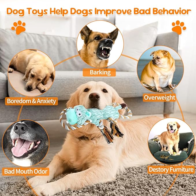 wodoca Plush Dog Chew Toys with Rope Squeaker & Crinkle Paper, Interactive Squeaky Dog Toy for Large Dogs, Tug of War Puppy Toys for Small Medium Breed, Machine Washable