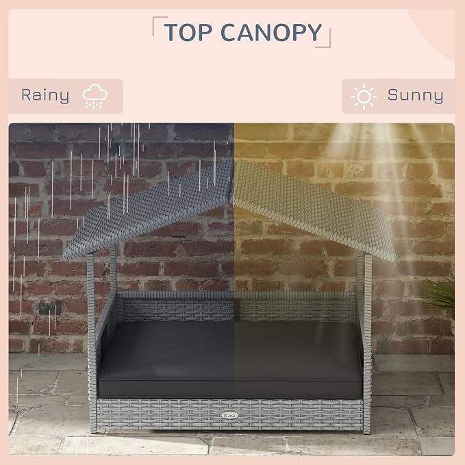 PawHut Wicker Dog House Outdoor, Silver Wicker, Gray Cushion | Rattan Dog Bed, Canopy, Water-resistant Cushion, Raised Pet Bed for Small, Medium Breeds up to 66 lbs, 20" in Length