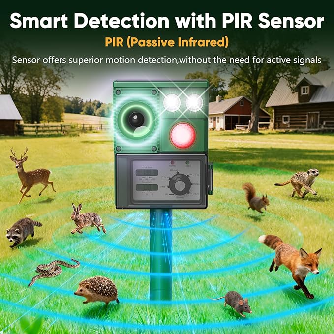 2-Packs Solar Ultrasonic Animal Repellent, Cat Repellent Outdoor, Squirrel Repellent, Deer Repellent Devices, Dog, Raccoon, Skunk, Rabbit, Rodent, Coyote, Waterproof IP 65, PIR Sensor