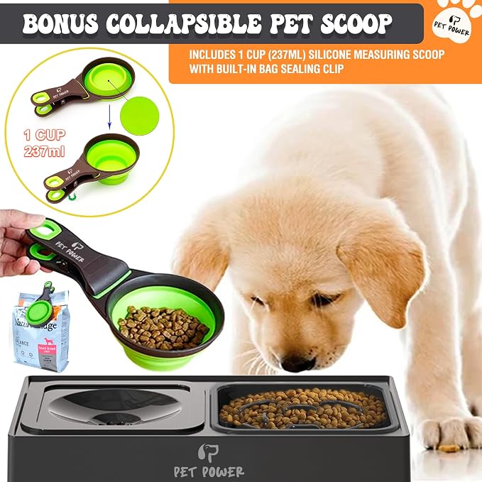 Elevated Dog Bowls with Collapsible Scoop, Slow Feeder Dog Bowls & No-Spill Water Bowl, Raised Dog Bowl Stand 4 Adjustable Heights for Small, Medium & Large Dogs