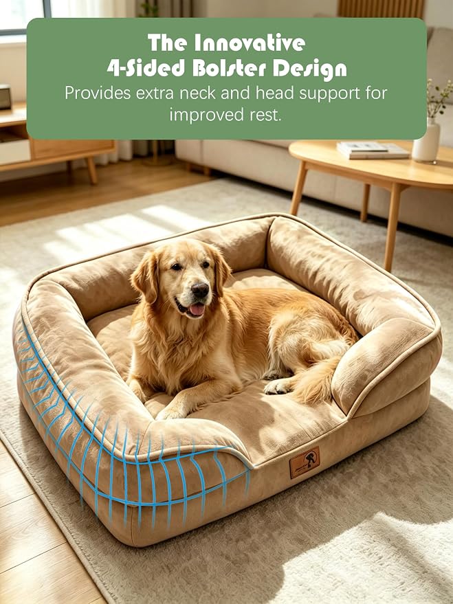 Spotted Play Orthopedic Dog Bed with Sides - Sofa Beds for Extra Large Dogs, Supportive Foam Pet Couch Bed with Washable Removable Cover, Waterproof Lining and Non-Slip Bottom, Brown - XL