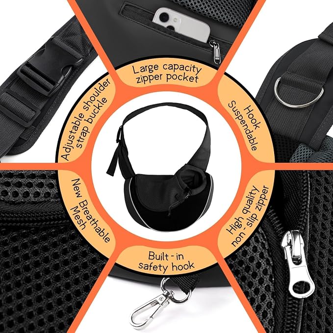 YUDODO Pet Sling Carrier for 5-9 lbs Small Dogs Cat Puppy Crossbody Carrier | Hands-Free, Safety Hook, Large Zipper Pocket, Soft Breathable Mesh, Adjustable Strap, Reflective Strip, Black2.0, M
