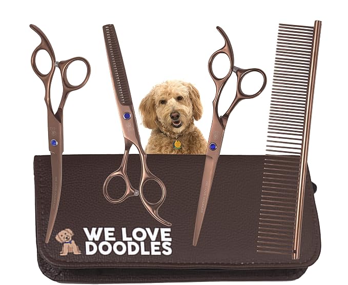 We Love Doodles Medium Curved Slicker Brush and Scissors Kit- Soft Pin Goldendoodle Brush and Dog Scissors - for Dematting & Shedding - Made in USA