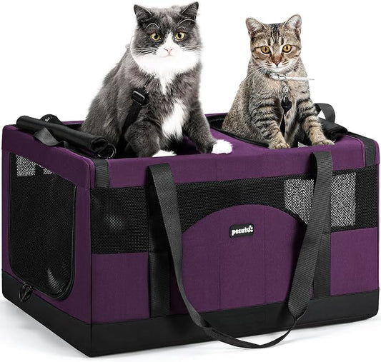 Pecute Cat Carrier, Soft Double Pet Crate for 2 Cats Travel, Purple | 5mm Anti-collapse Frame, Convertible Dual Space, Foldable, Polyester Breathable mesh, Up to 26 lbs, Car Travel & Vet Visits