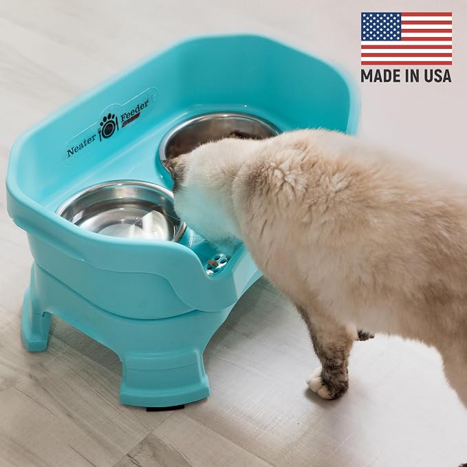 Neater Feeder Deluxe Mess-Proof Elevated Cat Bowls, 2 Height Adjustable (6” & 7.5”) No-Spill Raised Cat Bowl Stand, Whisker Friendly Stainless Steel Dishes for Indoor Cats, Made in USA, Aquamarine