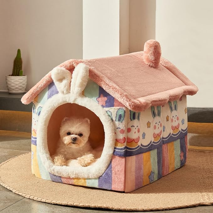 Cute Cat Houses for Indoor Cats, Dog Bed with Cover Cave,Foldable Dog Cave | M Size Cat Cave for 6-11 Lb Dogs and 9-17 Lb Cats,Rainbow, Igloo Dog House with Non-Slip Bottom, R,Soft Cozy Dog Cave Bed