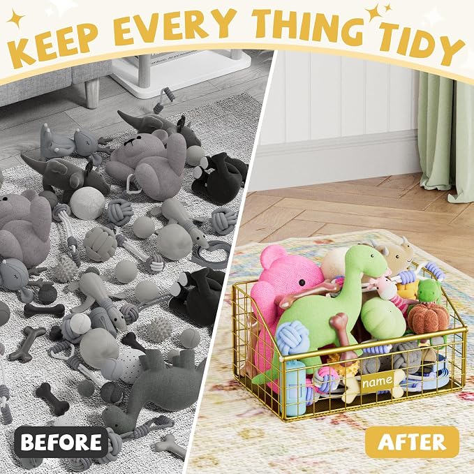 Kaiferty Indestructible Dog Toy basket, Small Toy Box for Dogs, Pet Toy Bin Dog Metal Basket for Toys, Toy Storage Organizer, Cat Toy Box for Living Room Area(Gold)