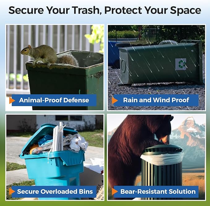 4PCS Heavy-Duty Bear Proof Trash Can Locks - Animal-Proof Garbage Can Lid Straps for 28-96 Gallon Outdoor Bins, Secure Locking Buckle Against Raccoons & Wildlife - Black