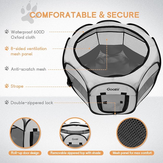 Goozii Pet Cat Playpen for Indoor Cats Enclosed, Puppy Dog Play Pen for Outdoor Travel Camping (Small Size, Light Grey)