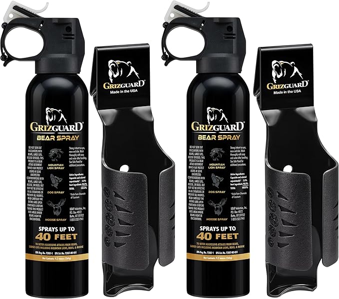 Griz Guard 260GG2 Bear Spray W/Holster 40 ft Range, Max Strength, EPA-Registered Spray for Bears, Mountain Lions, Coyotes, Dogs, & Moose, Outdoor Hiking & Camping Protection, Glow Safety, 9.2oz, 2PK