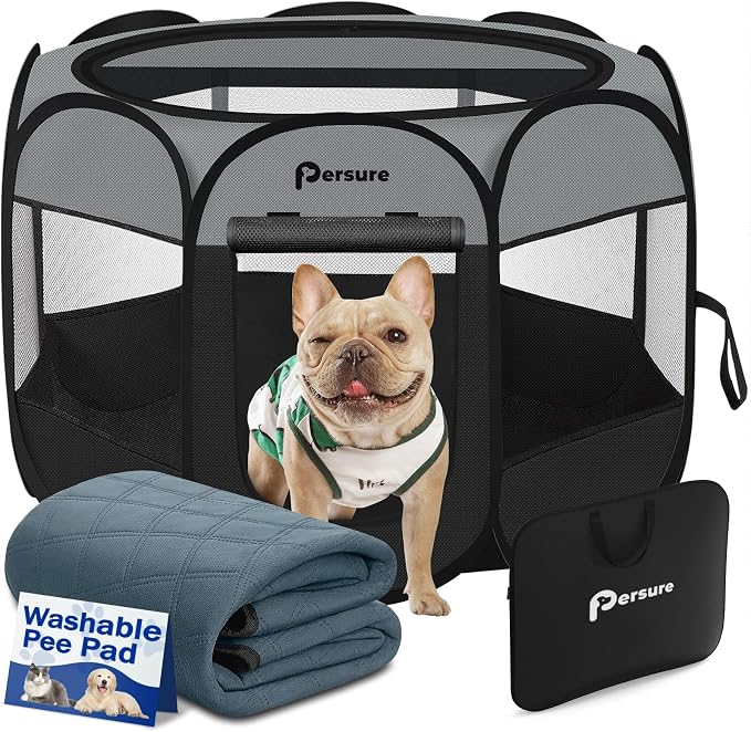 Persure Dog Cat Pet Playpen Puppy Crate Cage for Indoor Outdoor Travel | Nursing Rest Zone Recovering Pet Quarantine Room Portable Pop Up Easy to Set up lightweight (Dark Grey with Pad, Medium)
