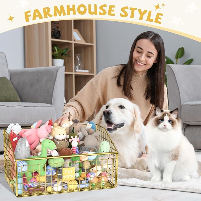 Kaiferty Indestructible Dog Toy basket, Large Toy Bin for Dogs,Pet Toy Bin Dog Metal Basket Organizer Storage for Toys Food Storage (Gold)