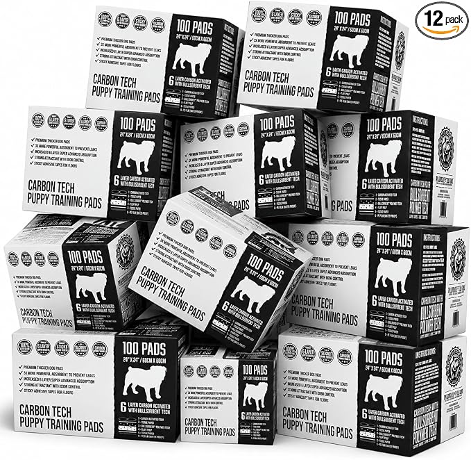 Bulldoglogy Carbon Black Puppy Pee Pads with Adhesive Sticky Tape Large Housebreaking Dog Training Wee Pads 6 Layers Charcoal Absorbent Odor Control 1200 Count 24" x 24"