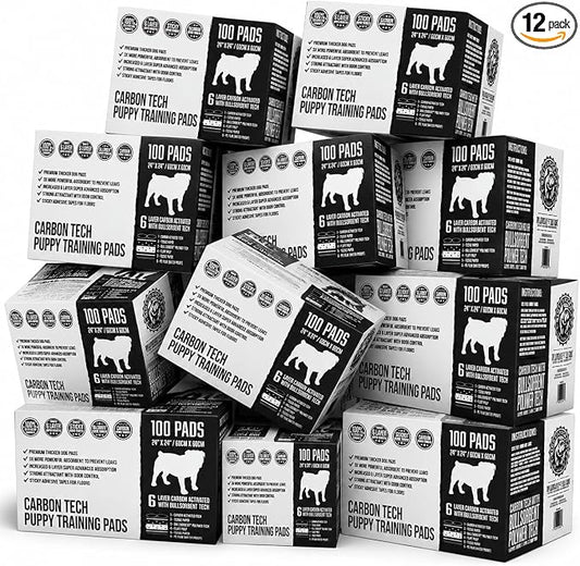 Bulldoglogy Carbon Black Puppy Pee Pads with Adhesive Sticky Tape Large Housebreaking Dog Training Wee Pads 6 Layers Charcoal Absorbent Odor Control 1200 Count 24" x 24"