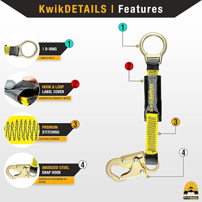 KwikSafety - Charlotte, NC - Dolphin Dorsal [1 Pack] 18" D-Ring Extender [Easy Hookup] ANSI Tested OSHA Compliant Harness Extension Lanyard Safety D Ring PPE Construction Roofing Fall Arrest Gear