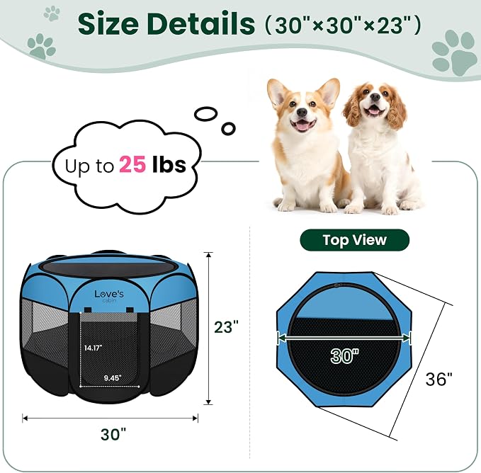 Love's cabin Pet Puppy Dog Playpen, Medium Dog Tent Crates Cage Indoor/Outdoor, Portable Playpen for Cat, Foldable Pop Up Dog Kennel Playpen with Carring Case, Removable Zipper Top, Blue