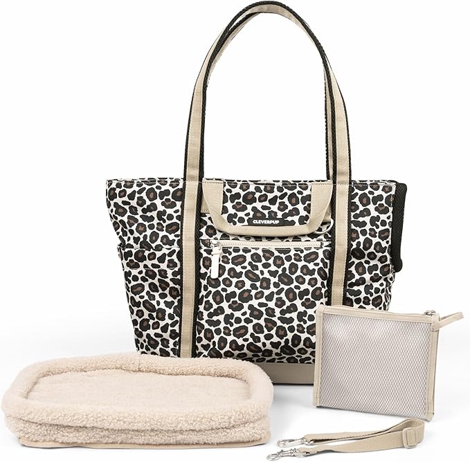 Transit Tote Dog Carrier for Small/Medium Dogs 8-20 lbs, 19x12x9 Soft-Sided 4-Pc Set with Waterproof Base, Plush Insert, Food Pouch, Mesh Head Opening - Medium, Leopard