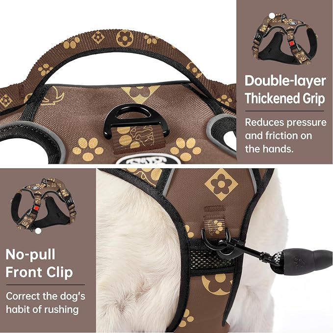 IVY&LANE No Pull Dog Harness with Leash Set, Reflective No Choke Pet Vest,Adjustable Oxford Dog Vest Harness with Easy Control Handle for Large Dogs (Dark Brown,XL)