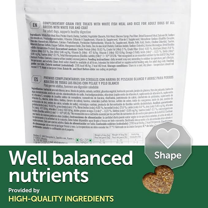 Nature's Protection Low Calorie Dog Treats for Training - Functional Treats for Digestion, Perfect for Small, Medium & Large Breed Dogs with Light Fur (Superior Care - White Fish & Rice, 5.29 oz)