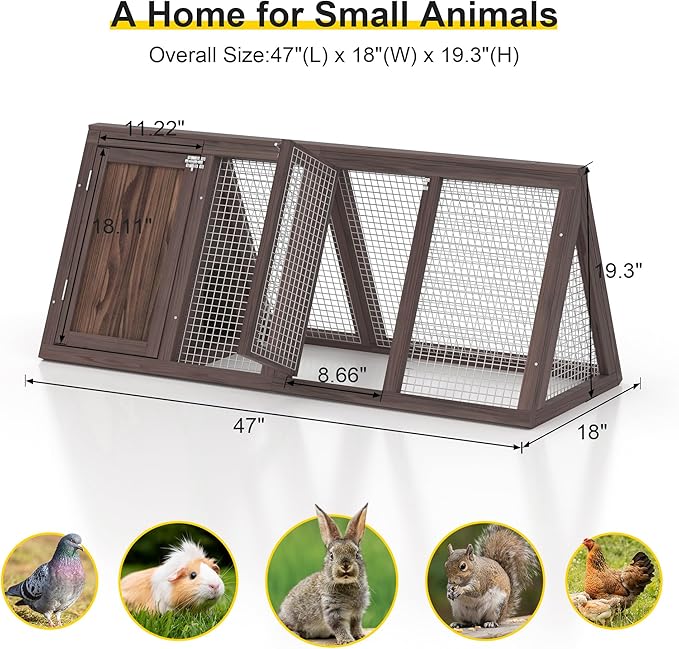 Outdoor Chicken Coop Wooden A-Frame Small Animal Coop Rabbit House Quail Cages with Outdoor Runs & Ventilated Wire Fence Suitable for Garden Backyard Farms 47 x 18 x 19.5 in (Brown)