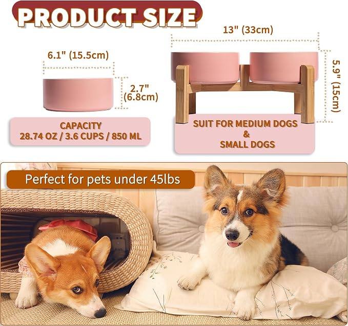 Elevated Ceramic Dog Bowl, 3.6 Cups Dog Food and Water Bowl Set with Stand | 6.1'' Double Dog Feeding Dishes, Non-Slip Raised Dog Feeder for Small and Medium Breeds, 28.74 OZ / 850 ML, White