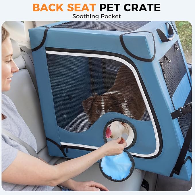 Snagle Paw Portable Dog Crate for Car Travel,Metal Frame Pet Crate,Pet Carrier for Car Back Seat Secures with Headrest Strap and Seatbelt,L